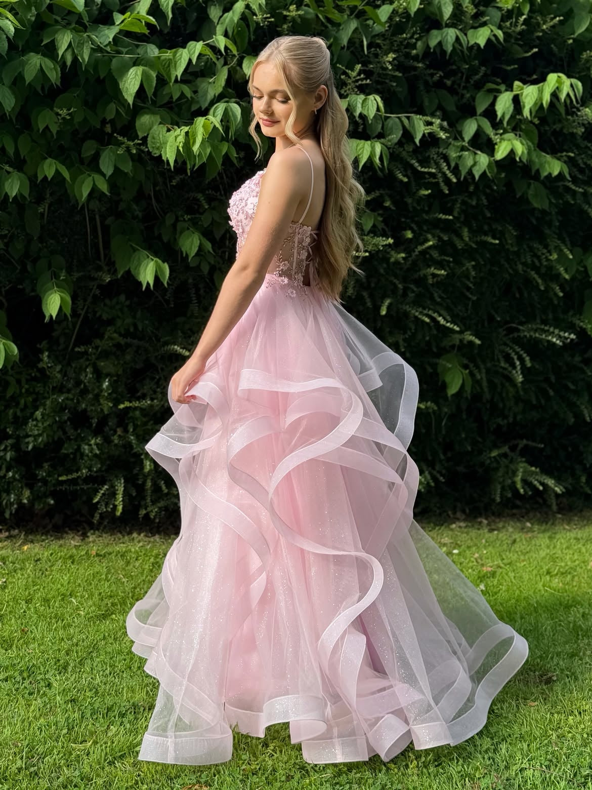 Pink Prom Dress Spaghetti Straps Applique Corset A Line Tulle Glitter Evening Dress Ms2607162