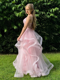 Pink Prom Dress Spaghetti Straps Applique Corset A Line Tulle Glitter Evening Dress Ms2607162