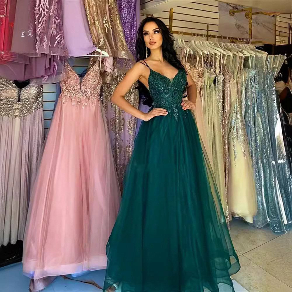 Sequin Tulle Evening Gown Spaghetti Strap A-Line Women Formal Prom Dre –  Msikoods Official Store
