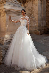 Illusion High Neck Lace Wedding Dress Long Sleeves Beaded Bridal Dress Ms2602261