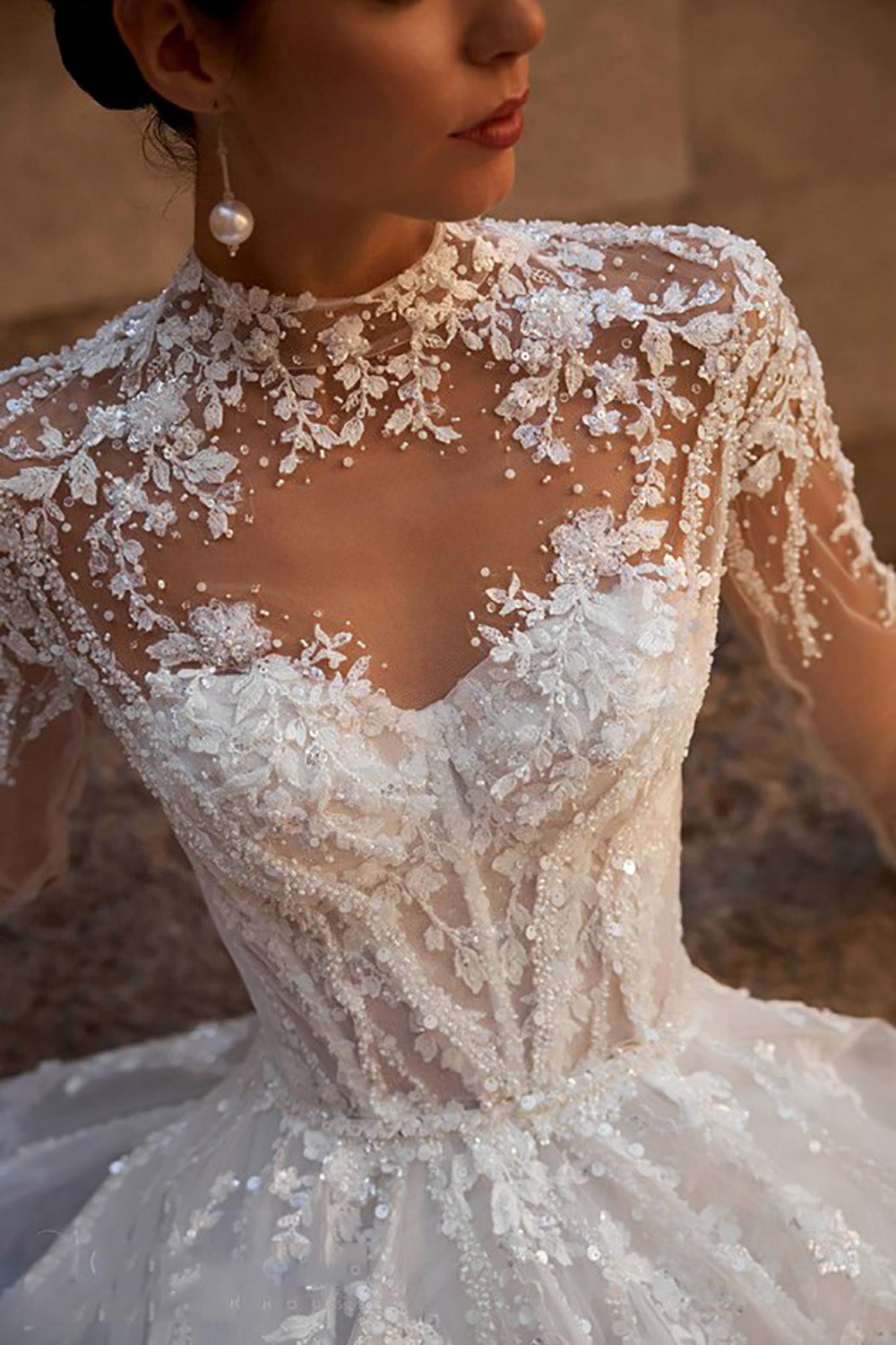 Illusion High Neck Lace Wedding Dress Long Sleeves Beaded Bridal Dress Ms2602261