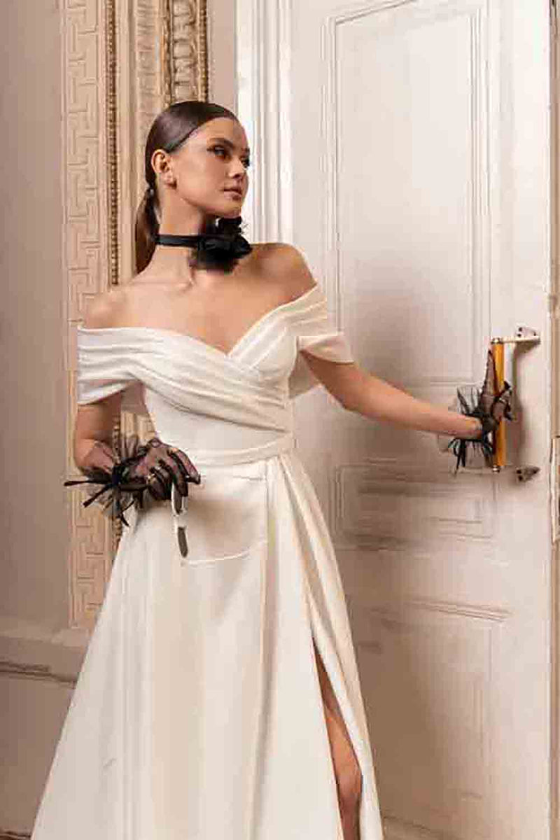 Senŝultra A-linia Geedziĝa Robo 2025 Satena Laca Longmanika Geedziĝa Robo kun Fendo Ms2504231