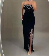 Beads Pearl Slit Prom Dress Strapless Bodycon Formal Dress Evening Party Gown Ms2505041