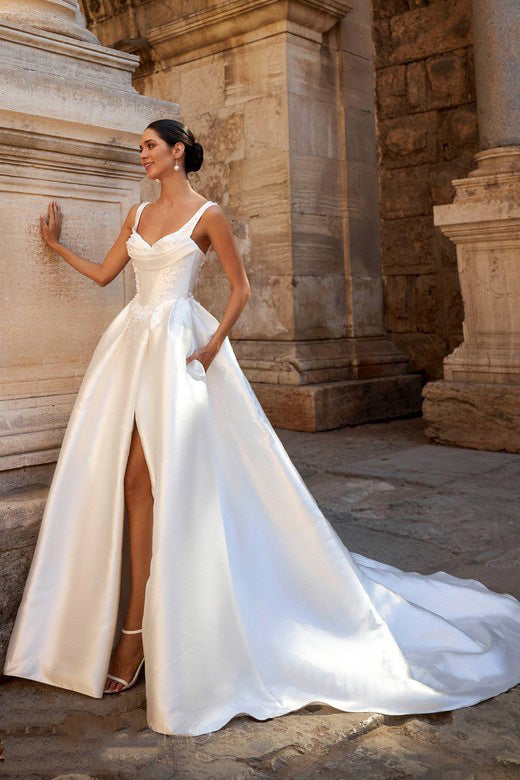 Satin Wedding Dresses Pearls Corset Spaghetti Straps High Slit Bridal Gown Ms2602075