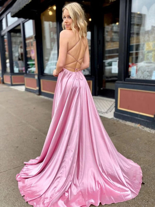Satin Prom Dress Spaghetti Strap V Neck Backless High Slit Evening Dress with Pockets Ms2606123