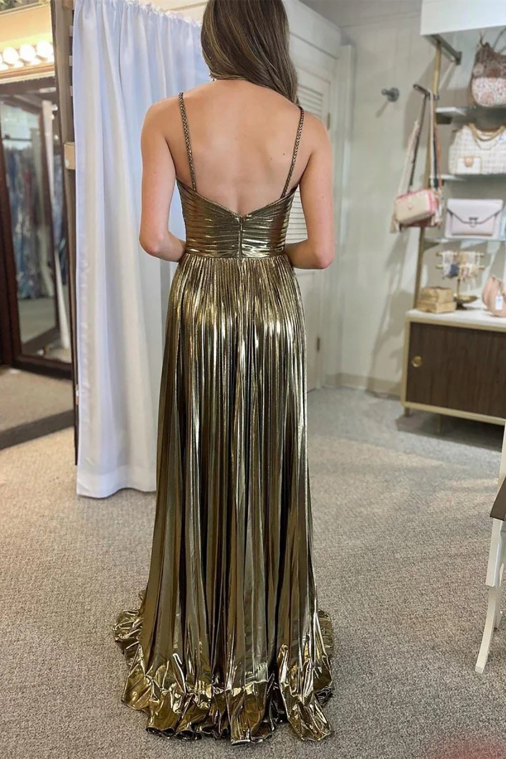 Shiny Satin Metallic Prom Dress Halter Slit Pleated Evening Dress Formal Party Dress Ms2603171