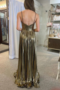 Shiny Satin Metallic Prom Dress Halter Slit Pleated Evening Dress Formal Party Dress Ms2603171