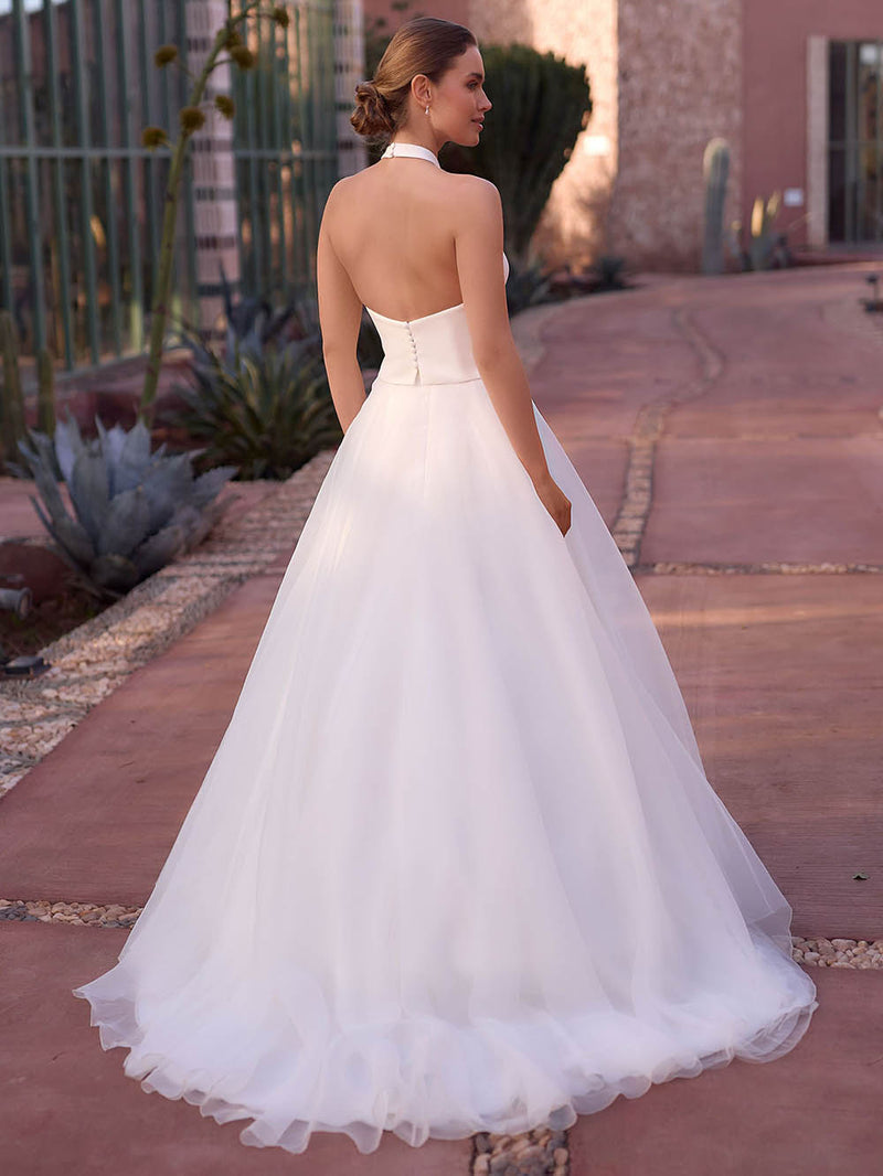 Halter Neck Backless A Line Wedding Dress Soft Tulle Bridal Gown Ms2601193