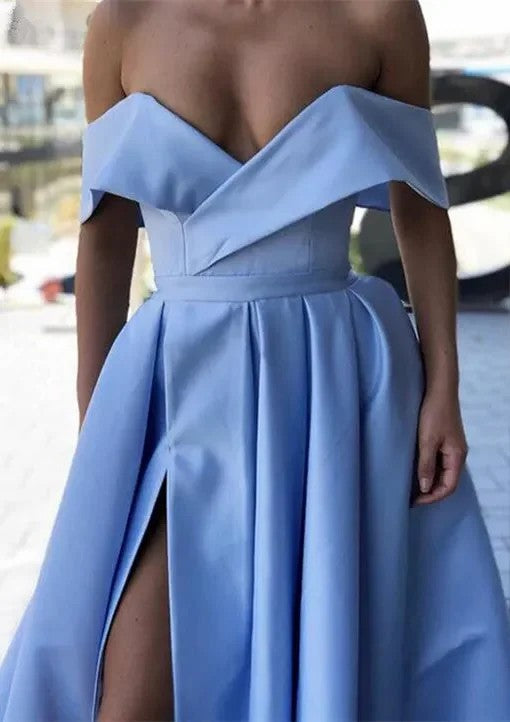 Off Shoulder Prom Dress Satin A Line Evening Gown High Slit Formal Party Dress Ms2603101