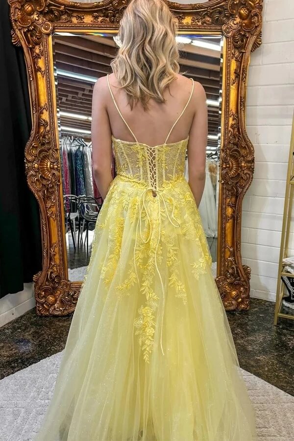 Ballkleid mit tiefem Ausschnitt und Spaghettiträgern, A-Linie, Tüll, Abendkleid, langes formelles Kleid für Damen