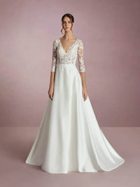 Plus Size Wedding Dresses V Neck Lace Appliques Satin A Line Bridal Dress Ms2509258