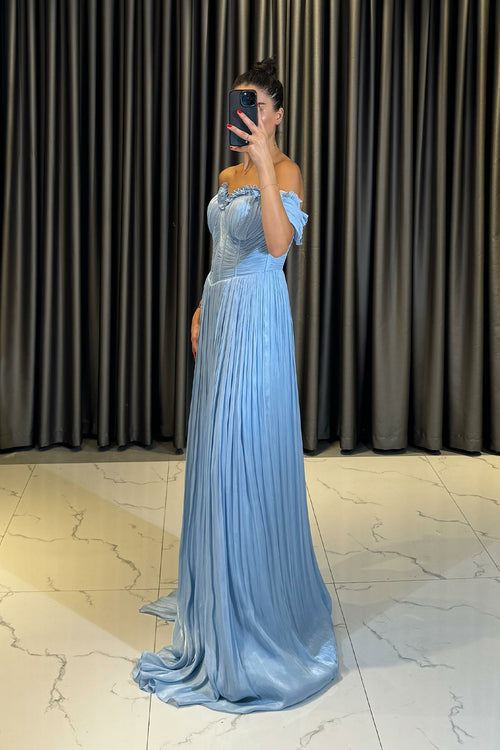 Off Shoulder Pleated Formal Evening Dress Corset Bodice Maxi Prom Dress Ms2604241
