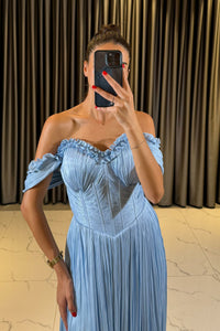 Off Shoulder Pleated Formal Evening Dress Corset Bodice Maxi Prom Dress Ms2604241