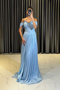 Off Shoulder Pleated Formal Evening Dress Corset Bodice Maxi Prom Dress Ms2604241
