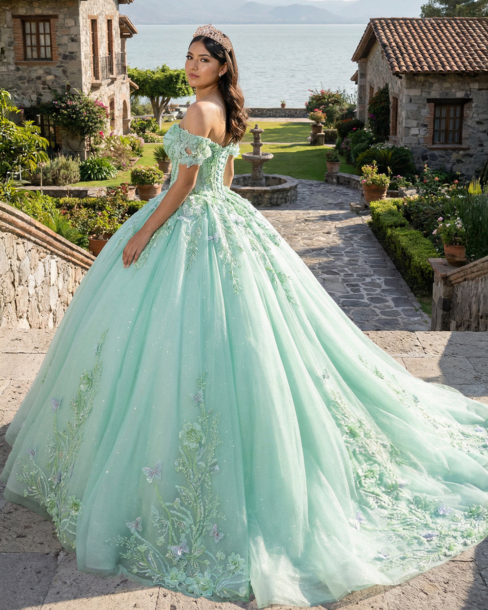 Off Shoulder Glitter Tulle Quinceanera Dress Ball Gown 3D Flower Lace – Msikoods Official Store
