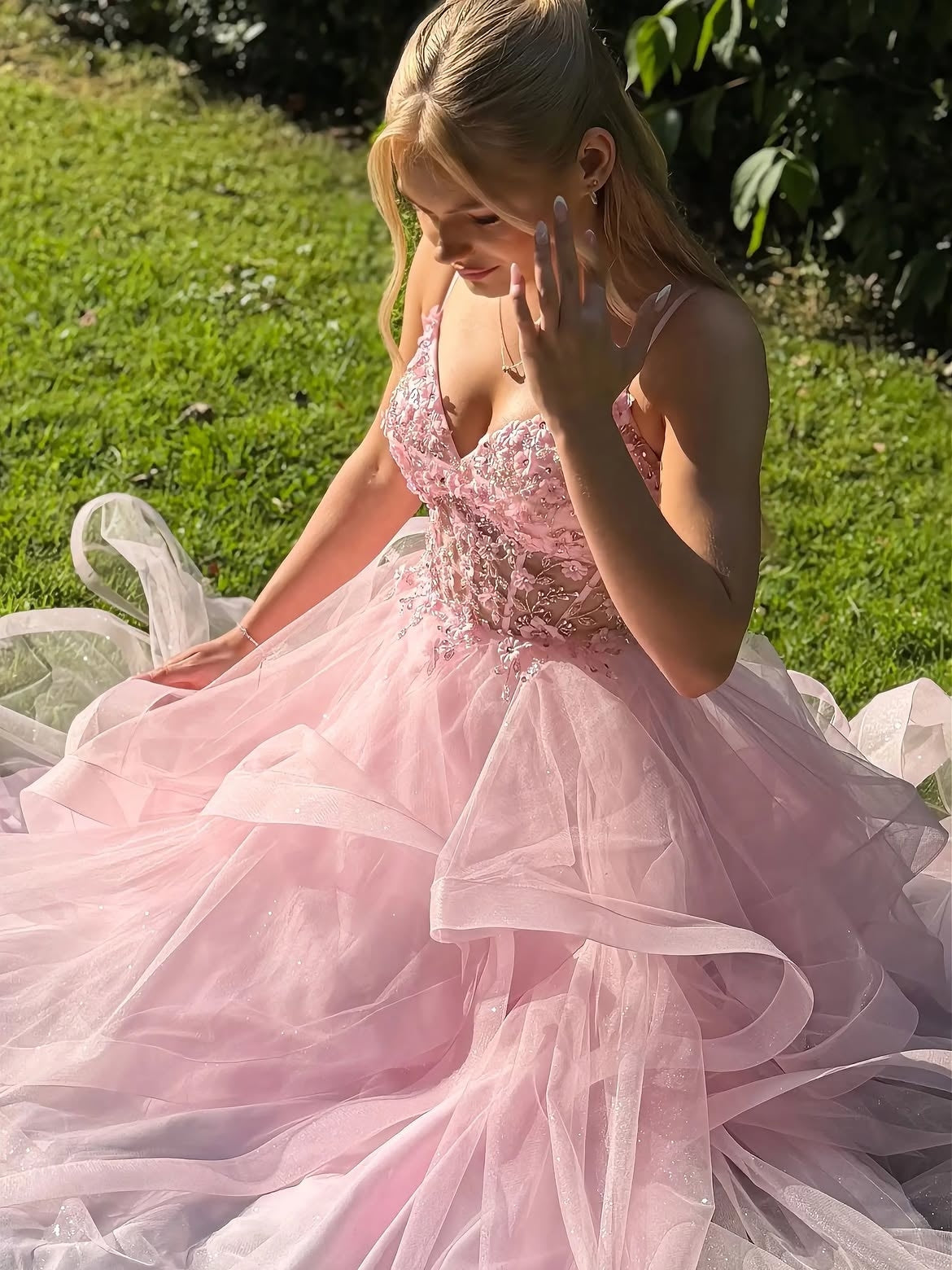 Pink Prom Dress Spaghetti Straps Applique Corset A Line Tulle Glitter Evening Dress Ms2607162