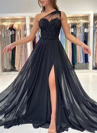 One Shoulder Prom Dress High Slit Chiffon A Line Evening Gown Lace Appliques Formal Dress Ms2606142
