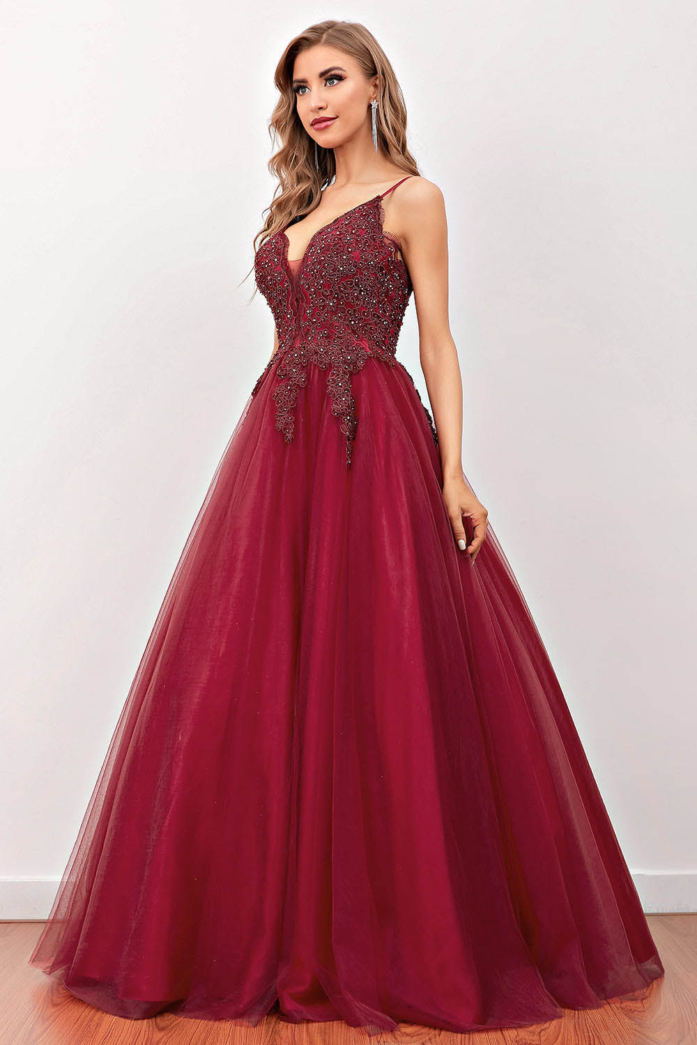 Burgundy Tulle Prom Dresses V Neck Beaded A-Line Evening Dress Ms2510184