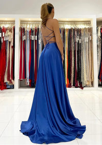 Satin Backless Prom Dress A Line Spaghetti Strap Formal Evening Gown Ms2603131