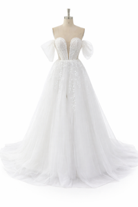 Corset Wedding Dress A-line Glitter Tulle Bridal Gown Off Shoulder High Slit Bride Dress Ms032601