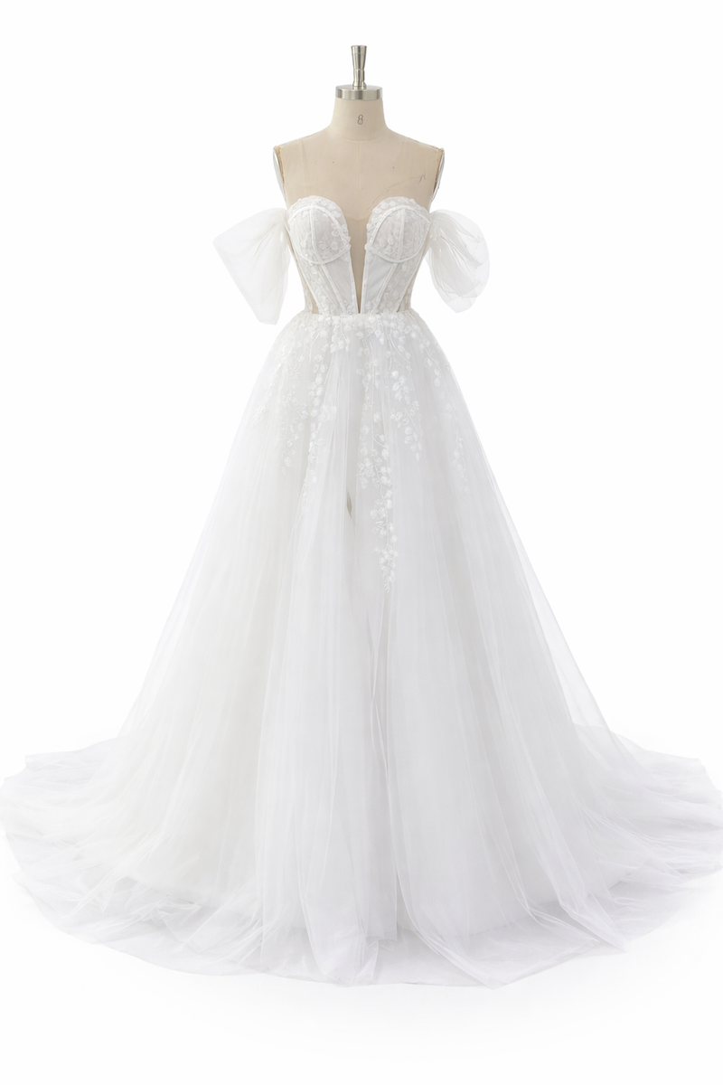 Corset Wedding Dress A-line Glitter Tulle Bridal Gown Off Shoulder High Slit Bride Dress Ms032601