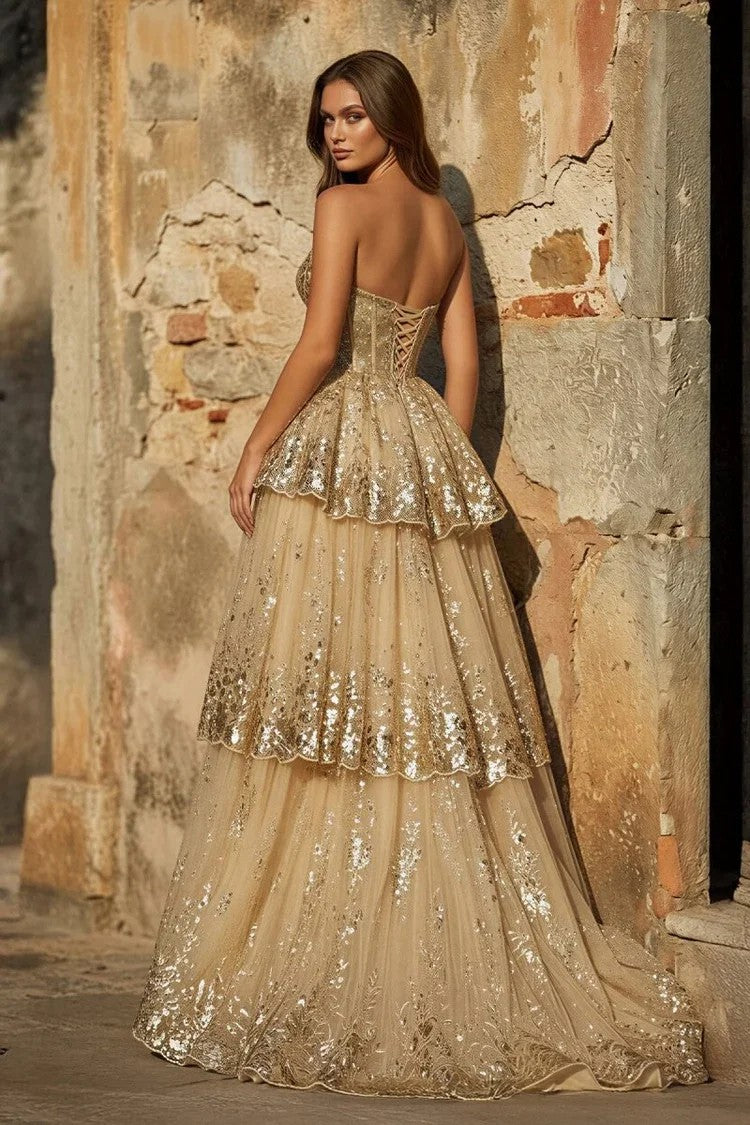 Gold Sequin Lace Evening Dresses Corset Tiered Overskirt Slit Mermaid Prom Dress Ms2602266