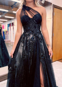 One Shoulder Lace Prom Dress A Line Tulle Corset High Slit Appliqué Evening Dress Ms260402101