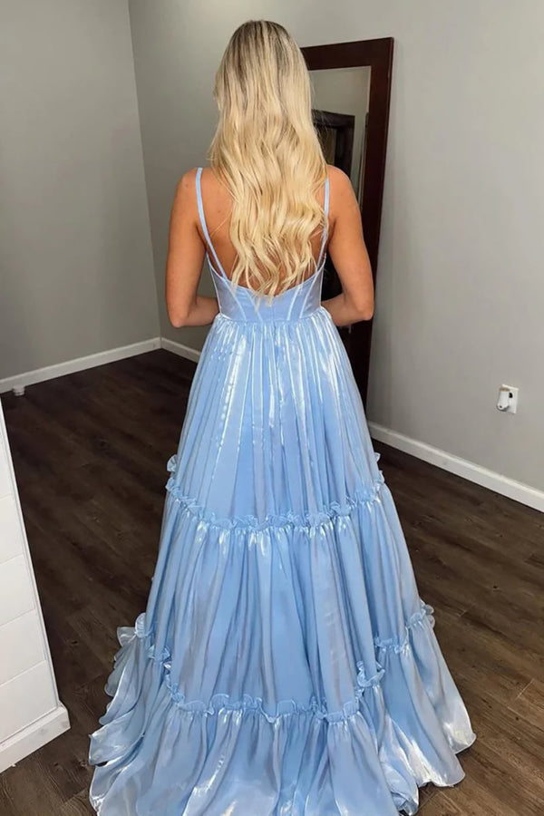 Shiny Prom Dress Spaghetti Strap A Line Corset Open Back Tiered Ruffle Evening Dress Ms2606145