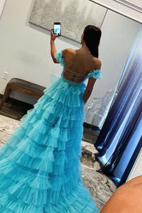 Off Shoulder Ruffle Tulle Prom Dress High Slit Corset Tiered Party Dress Evening Dress Ms2606156