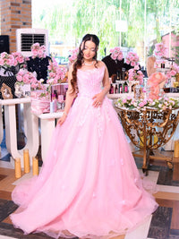 Pink Quinceanera Dress Ball Gown Lace Appliques Tulle Princess Birthday Gown Floral Prom Dress Ms2607164