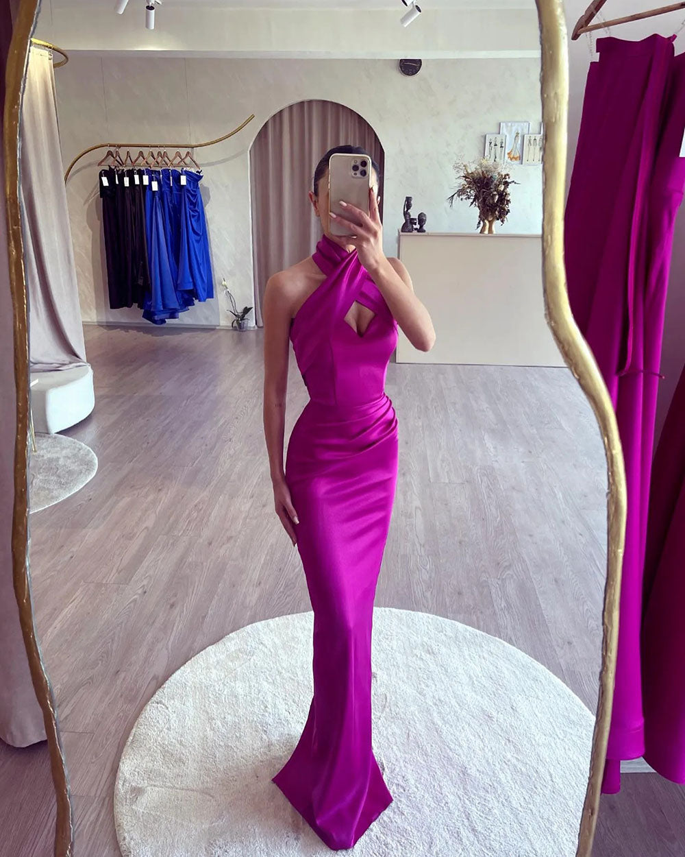 Magenta Halter Neck Satin Evening Gown Criss Cross Mermaid Prom Dress Ms2601142