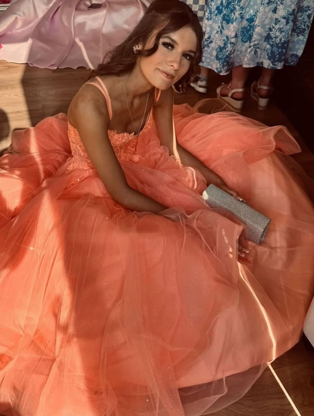 Glitter Tulle Prom Dress Spaghetti Strap Lac Applique Formal Gown Princess Birthday Dress Ms2607085
