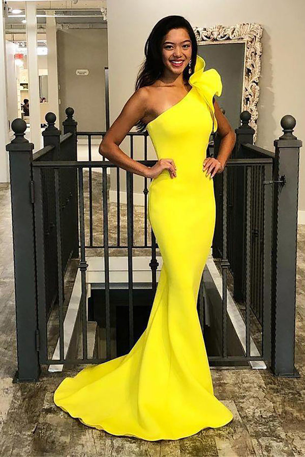 Yellow One Shoulder Mermaid Prom Dress Ruffle Formal Evening Gowns Party Dress Ms2607293