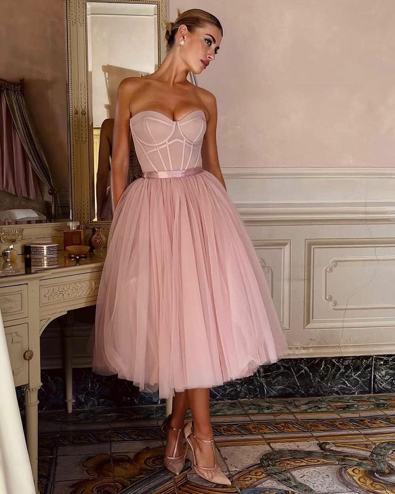 Abiti da sera in tulle lunghezza tè per donne, abiti da ballo con spalle scoperte, per adolescenti, scollo a cuore, decorati con perline, abito principessa gonfio