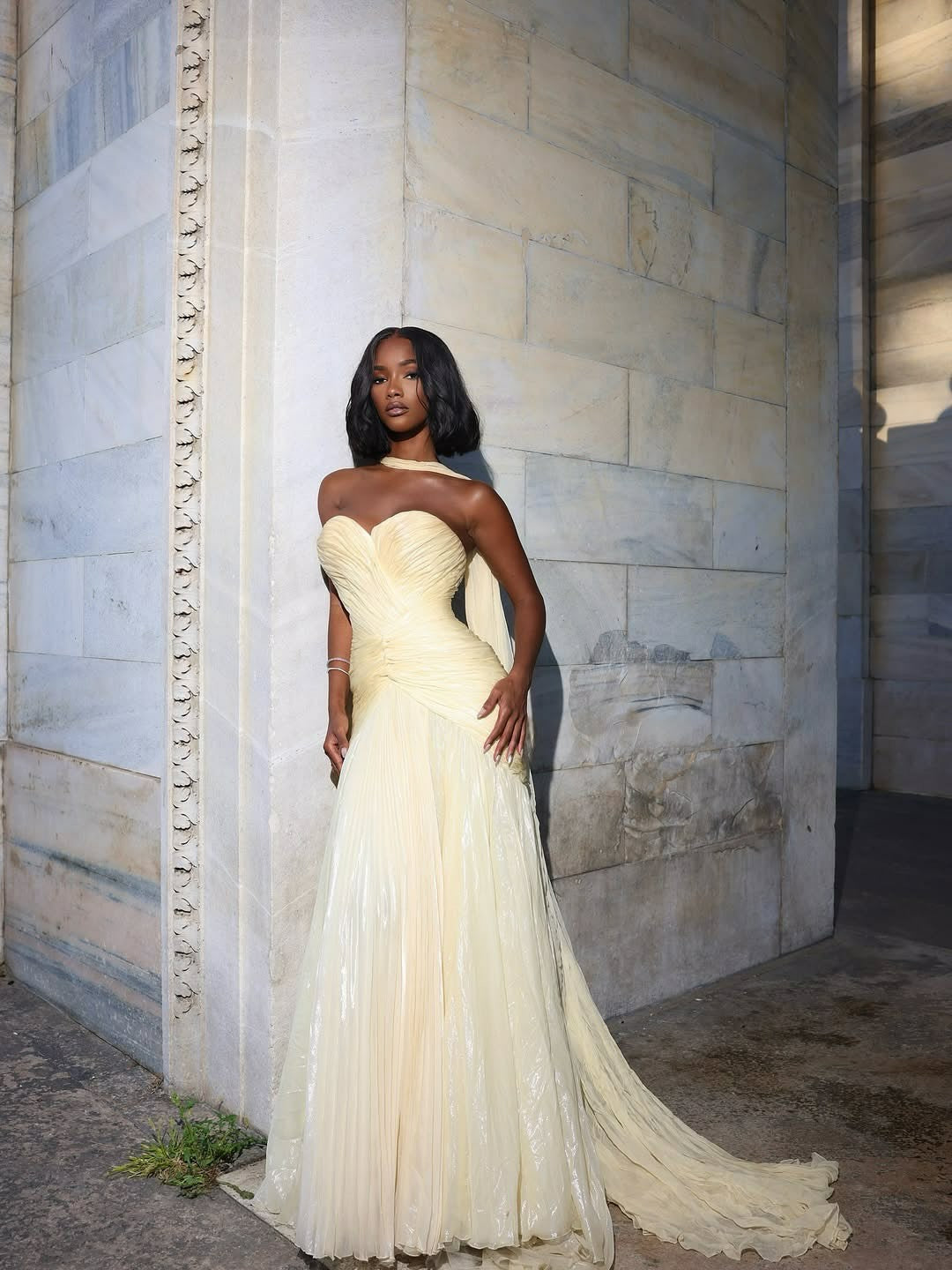 Shiny Strapless Ruched Prom Dress Elegant Draped Formal Evening Gown with Scarf Ms26041451