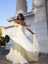 Shiny Strapless Ruched Prom Dress Elegant Draped Formal Evening Gown with Scarf Ms26041451