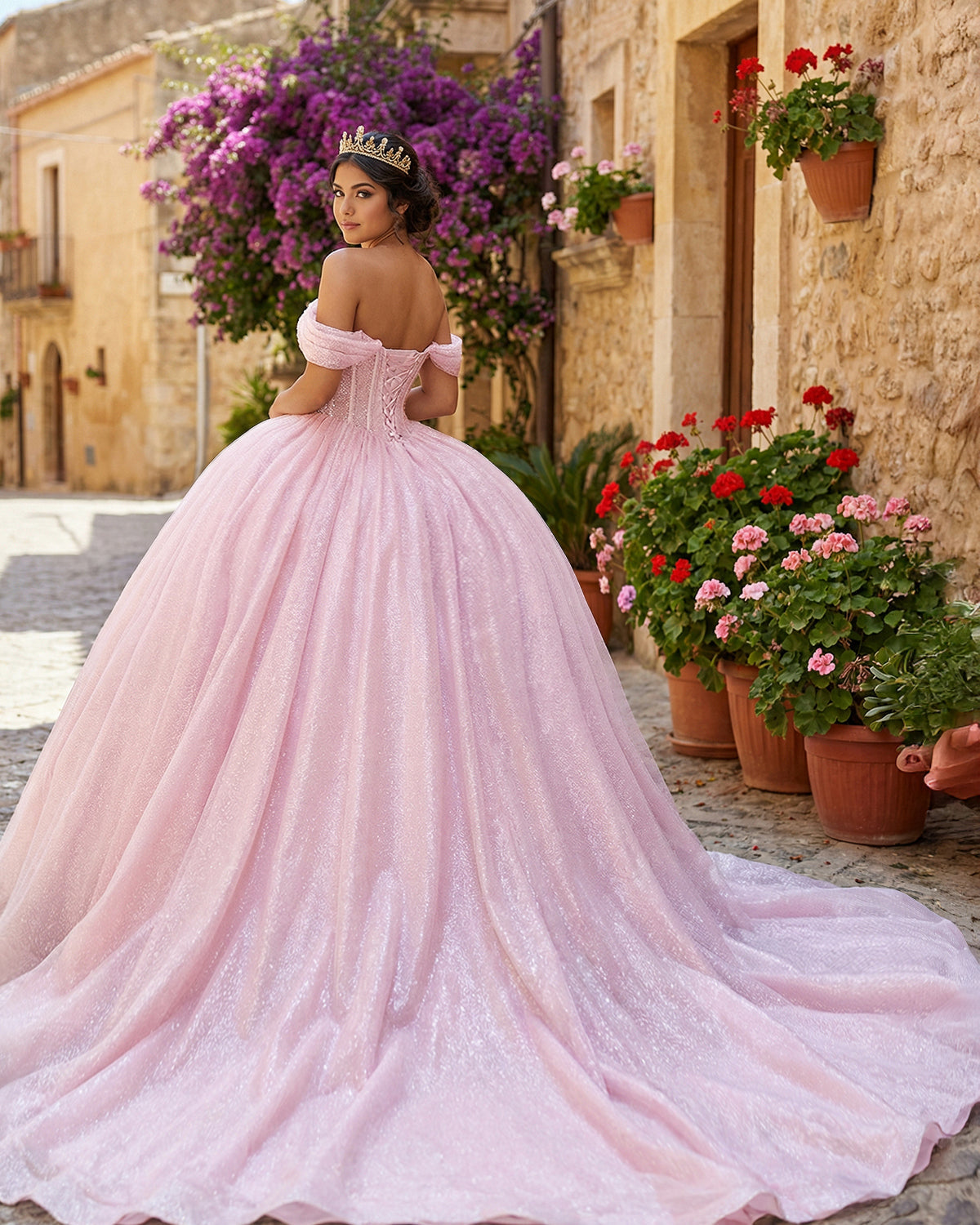 Quinceanera Dresses Off Shoulder Ball Gown Pleated Glitter Princess Corset Formal Dress Ms2605044