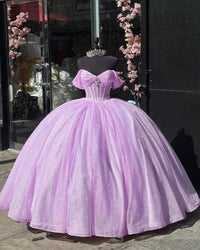 Quinceanera Dresses Off Shoulder Ball Gown Pleated Glitter Princess Corset Formal Dress Ms2605044