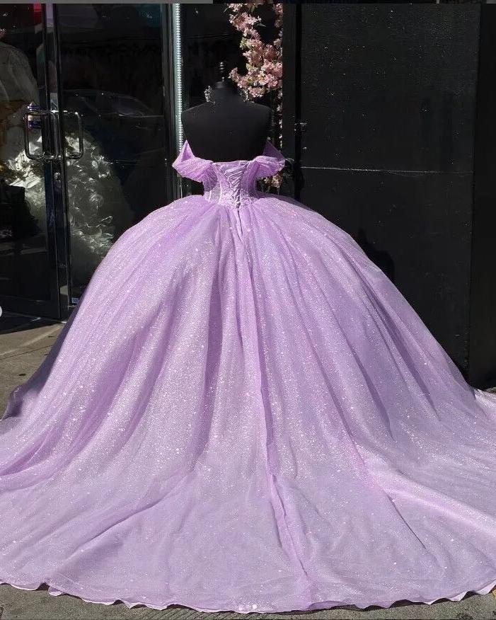 Quinceanera Dresses Off Shoulder Ball Gown Pleated Glitter Princess Corset Formal Dress Ms2605044