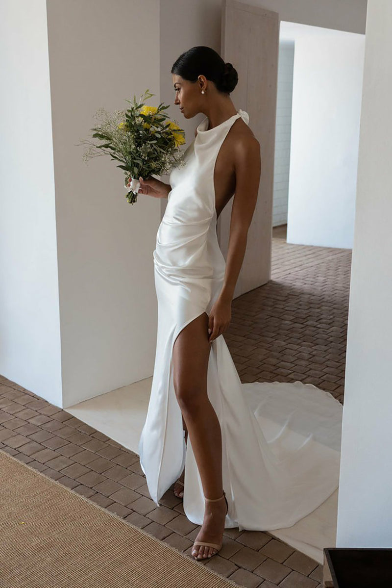 Halter Satin Mermaid Wedding Dress Backless High Slit Bridal Gown Modern Party Dress Ms25051113