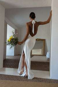 Halter Satin Mermaid Wedding Dress Backless High Slit Bridal Gown Modern Party Dress Ms25051113