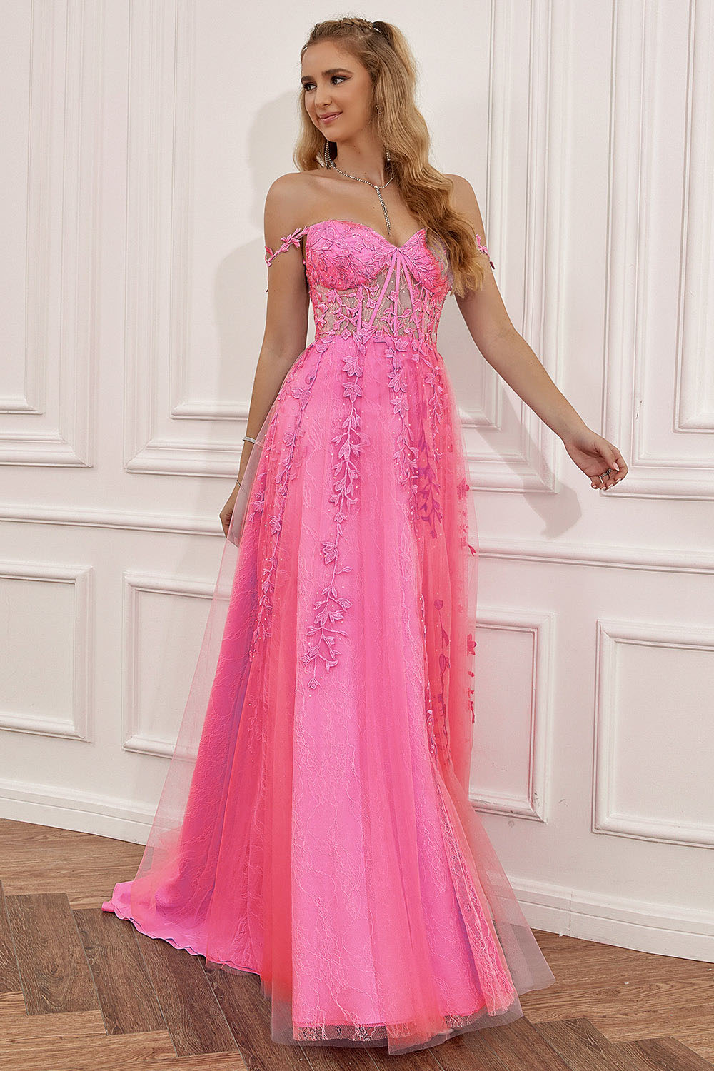 Lace Appliques A Line Evening Dress Sexy Slit Tulle Prom Dress Ms2508222