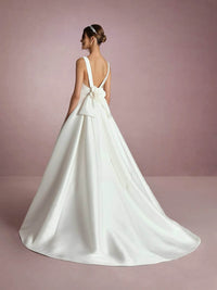 Satin A-Line Wedding Dresses Deep V Neck Brides Dress with Bow Ms250925