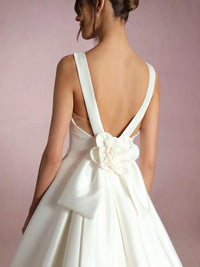 Satin A-Line Wedding Dresses Deep V Neck Brides Dress with Bow Ms250925