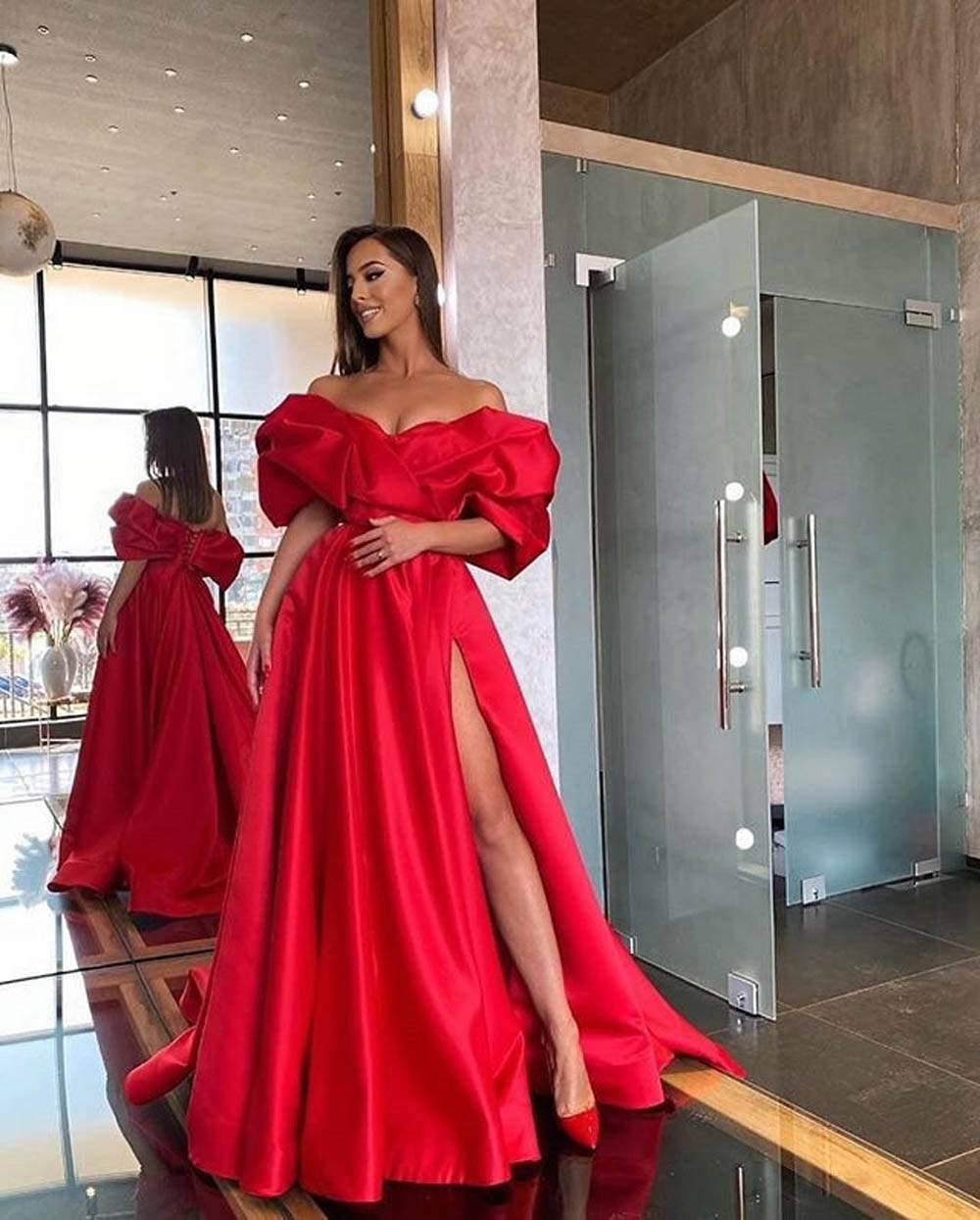 Red Off Shoulder Satin Evening Gown High Slit Formal Prom Dress Ms2512133