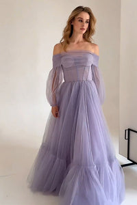 A-Line Tulle Prom Dress Corset Long Sleeve Romantic Evening Dress Ms2601145
