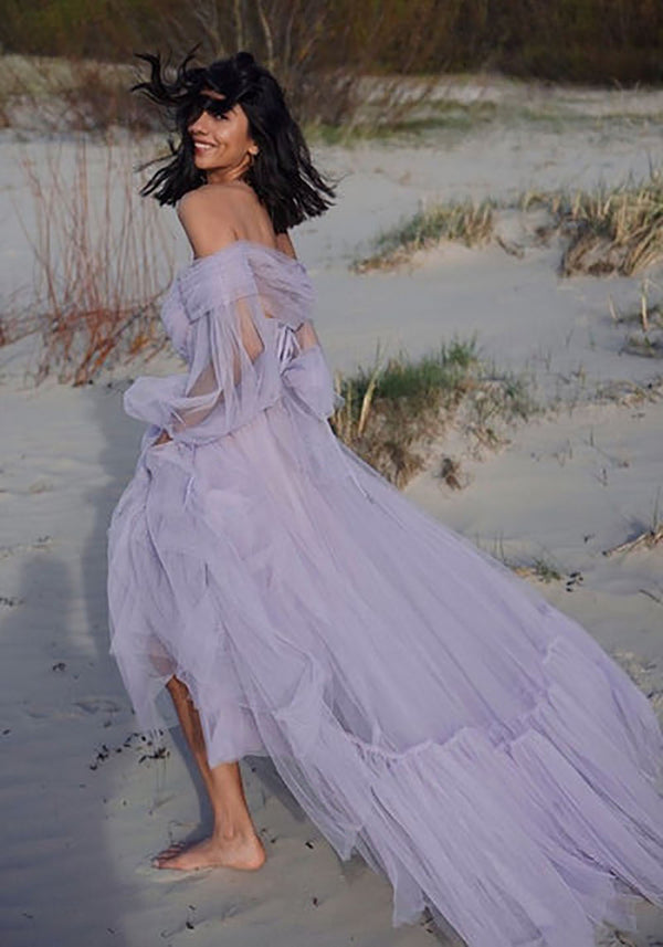 A-Line Tulle Prom Dress Corset Long Sleeve Romantic Evening Dress Ms2601145