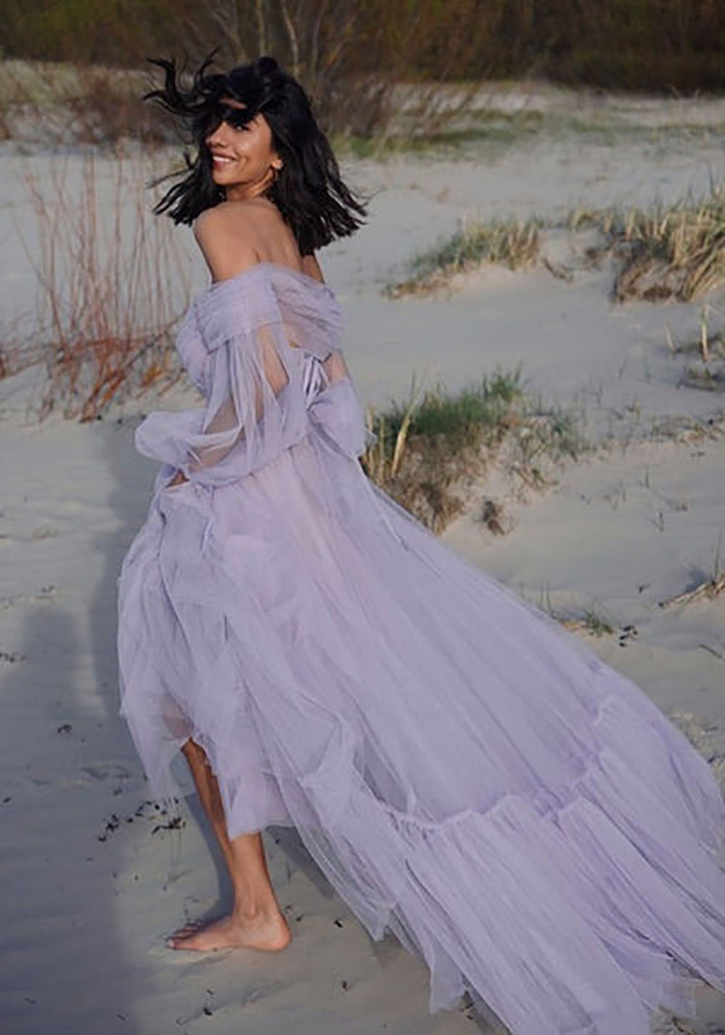 A-Line Tulle Prom Dress Corset Long Sleeve Romantic Evening Dress Ms2601145