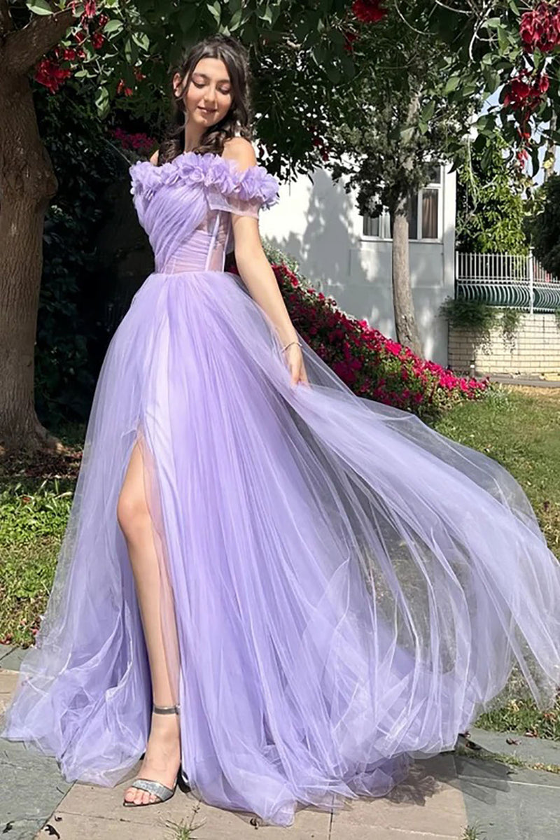 Off Shoulder Pleated Prom Dress with Floral High Slit Party Dress Ms2508283