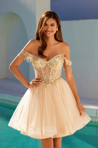 Off Shoulder Beaded Tulle Homecoming Dress Corset A Line Short Prom Dress Ms2610222